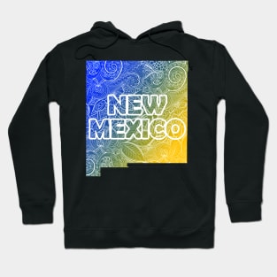 Colorful mandala art map of New Mexico with text in blue and yellow Hoodie